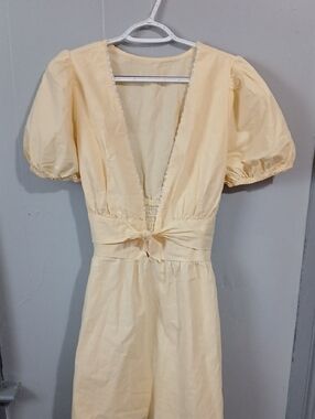 Light Cream Puff-Sleeve Mini Dress with V-Neck Tie Waist